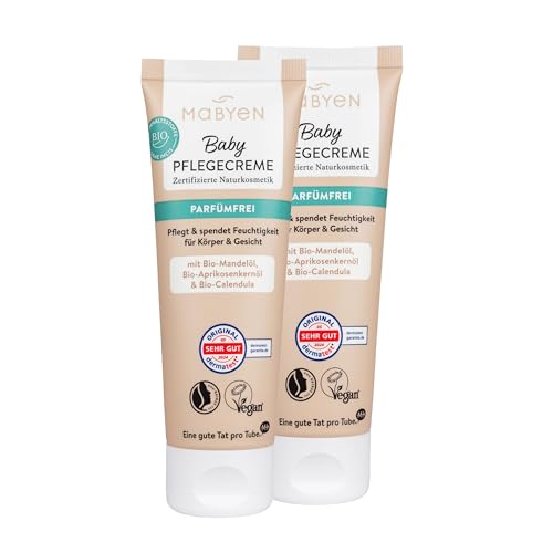 MABYEN Baby Pflegecreme 2er Set (2 x 75 ml) – Parfümfrei, mit Bio-Mandelöl, zertifizierte Naturkosmetik, vegan, sanfte Pflege für empfindliche Babyhaut, dermatologisch getestet von Mabyen