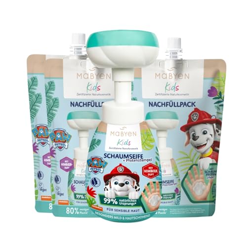 MABYEN PAW PATROL Kids Set Schaumseife (weiß) | Naturkosmetik - Kinder Handschaumseife + Refill - 1x Schaumseife Himbeerduft (180ml) + 3x Paw Patrol Nachfüllpack Himbeerduft (250ml) - Handseife von Mabyen