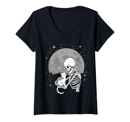 Damen Gothic-Skelett kuschelt Kätzchen Halloween-Mond T-Shirt mit V-Ausschnitt von Macabre Feline Companions