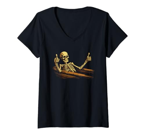 Damen Thumbs Up Skelett Sarg steigend – lustiger Friedhof Halloween T-Shirt mit V-Ausschnitt von Macabre Humor Rising