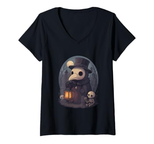 Damen Pestdoktor Laternen-Szene mit Skeletten in gotischer Graveya T-Shirt mit V-Ausschnitt Damen Pestdoktor Laternen-Szene mit Skeletten in gotischer Graveya T-Shirt mit V-Ausschnitt von Macabre Lantern Artworks