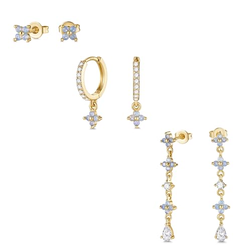 MACACHII 3 Paar Ohrringe Silber 925 Set Für Damen Blumen Ohrringe Blau Hängend Ohrstecker Damenohrringe 14 Karat Vergoldet Stapelbar Creolen Hypoallergene Helix Tragus Für Mehrere Piercings Ohr von Macachii