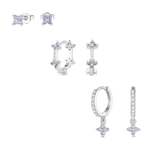MACACHII 3 Paar Ohrringe Silber 925 Set Für Damen Blumen Ohrringe Blau Hängend Ohrstecker Damenohrringe 14 Karat Vergoldet Stapelbar Creolen Hypoallergene Helix Tragus Für Mehrere Piercings Ohr von Macachii
