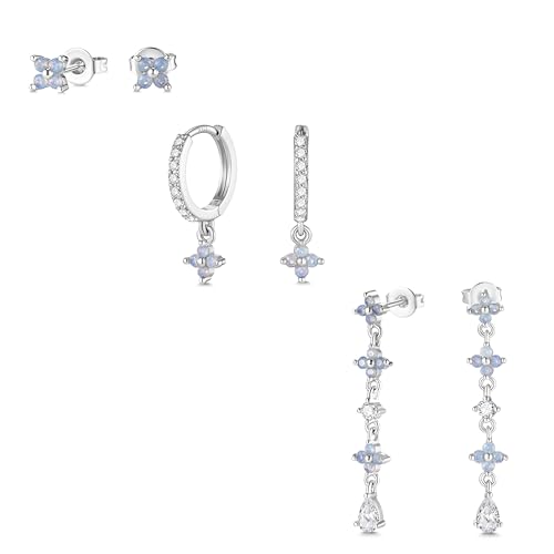 MACACHII 3 Paar Ohrringe Silber 925 Set Für Damen Blumen Ohrringe Blau Hängend Ohrstecker Damenohrringe 14 Karat Vergoldet Stapelbar Creolen Hypoallergene Helix Tragus Für Mehrere Piercings Ohr von Macachii