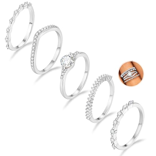 Macachii 5 Stück Ring Silber Damen Ringe Frauen Stack Cubic Zirkonia 14k Gold Verlobungsring Damen Statement Ring Damen Stapelbare Daumenring Fingerring Set Schmuck von Macachii