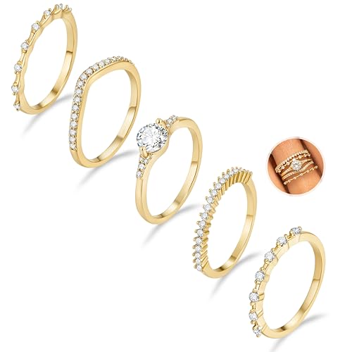 Macachii 5 Stück Ring Silber Damen Ringe Frauen Stack Cubic Zirkonia 14k Gold Verlobungsring Damen Statement Ring Damen Stapelbare Daumenring Fingerring Set Schmuck von Macachii