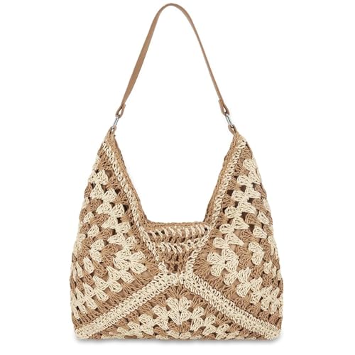 Macayda Strohtasche Damen Geflochtene Tasche, Sommer Korbtaschen Damen Mittelgroß Basttasche Boho Stroh Woven Bag Flechttasche für Strand Reisen Urlaub (Braun) von Macayda