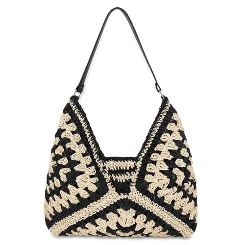 Macayda Strohtasche Damen Geflochtene Tasche, Sommer Korbtaschen Damen Mittelgroß Basttasche Boho Stroh Woven Bag Flechttasche für Strand Reisen Urlaub (Schwarz) von Macayda