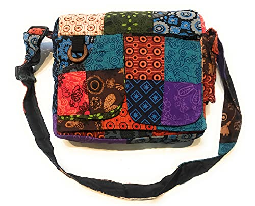 MACHA Ethno-Tasche aus Baumwolle mit bunten Prints und Ledereinsätzen, Umhängetasche aus Baumwolle und Leder für Damen, Ethno, Indianer, bunt (XL), Mehrfarbig von Macha