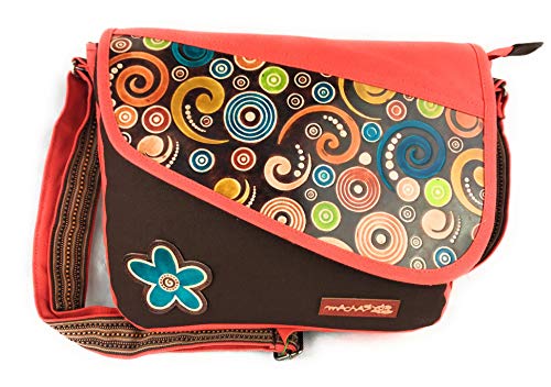 MACHA Umhängetasche Handtasche aus Baumwolle und Leder mit Ledereinsätzen mit bunten Prints, Handtasche aus Baumwolle und Leder für Damen Indianer Ethno, Braun von Macha