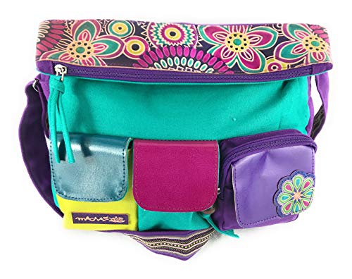 MACHA Umhängetasche Handtasche aus Baumwolle und Leder mit Ledereinsätzen mit bunten Prints,violett,Größe: Largeur : 34 cm Hauteur : 22cm. 33cm rabat ouvert von Macha