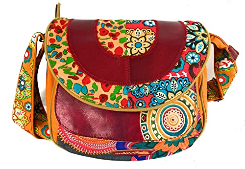 Macha Damen ethnische Baumwolltasche mit bunten Drucken und Ledereinsätzen, Schultertasche für Damen, ethnisch, indisch, bunt (Orange) von Macha