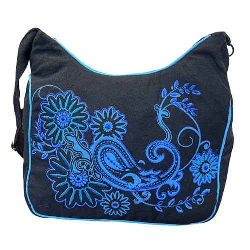 Macha Schultertasche aus Baumwolle, einzigartiger Wandteppich mit Blumenstickerei, Hobo-Umhängetasche, Hippie-Tasche, Boho-Tasche, blau, Dimensions : 23 x 28 x 12 cm von Macha