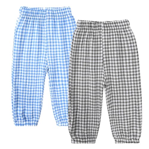 2er Pack Kinder Jungen Mädchen Pumphose Sommer Baumwoll Leinenhose Leichte Atmungsaktive Anti-Moskito Bloomers Cartoon Lässige Hose(Blaue und Schwarze Streifen,100) von Machbaby