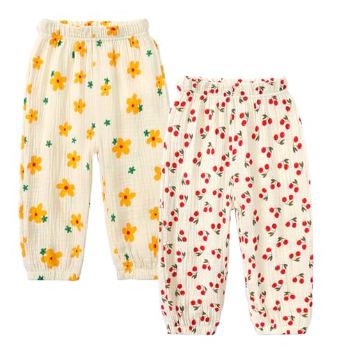 2er Pack Kinder Jungen Mädchen Pumphose Sommer Baumwoll Leinenhose Leichte Atmungsaktive Anti-Moskito Bloomers Cartoon Lässige Hose(Gelbe Blumen und Kirschen,110) von Machbaby