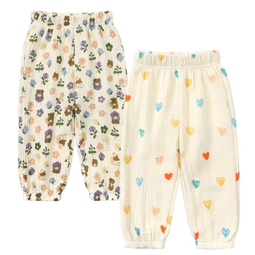2er Pack Kinder Jungen Mädchen Pumphose Sommer Baumwoll Leinenhose Leichte Atmungsaktive Anti-Moskito Bloomers Cartoon Lässige Hose(Gras und Bunte Herzen,90) von Machbaby