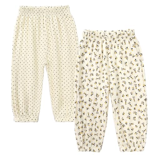 2er Pack Kinder Jungen Mädchen Pumphose Sommer Baumwoll Leinenhose Leichte Atmungsaktive Anti-Moskito Bloomers Cartoon Lässige Hose(Schwarze Flecken und Blätter,120) von Machbaby