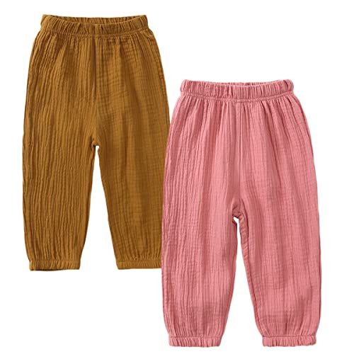 2er Pack Unisex Baby Kinder Pumphose Sommer Baumwoll Leinenhose Leichte Atmungsaktive Anti-Moskito Jogginghose Lässige Hose(Hellbraun/Rosa,100) von Machbaby