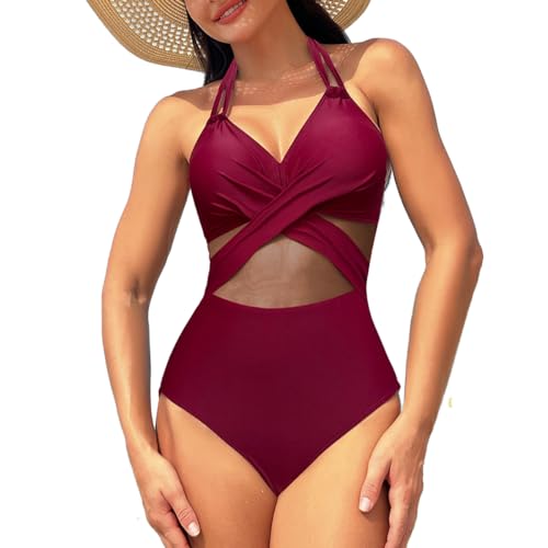 Damen Einteiliger Badeanzug Bauchweg Push up Mesh Bademode Strandmode Schwimmanzug V-Ausschnitt Monokini Badeanzüge(Weinrot,L) von Machbaby