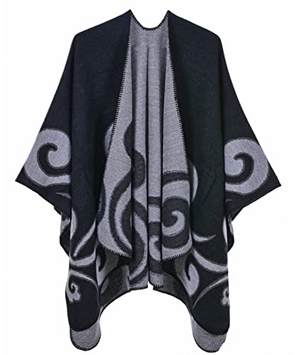 Damen Herbst Winter Retro Poncho Schal Gestrickt Beidseitig Tragbar Klassische Wrap Cape Cardigans Schal Quasten Stola,Wolkenmuster schwarz von Machbaby