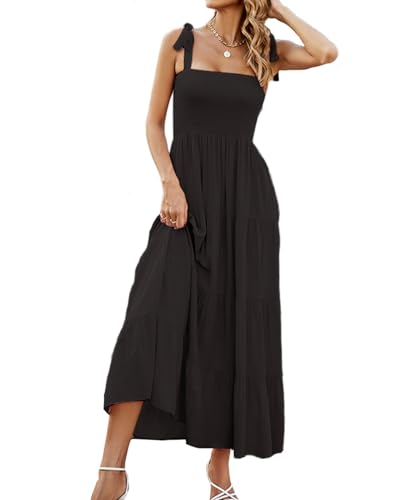 Damen Lang Ärmellos Trägerkleid Verstellbare Freizeitkleid Lässig A-Linie Strandkleid Sommerkleid Maxikleid(Schwarz,L) von Machbaby