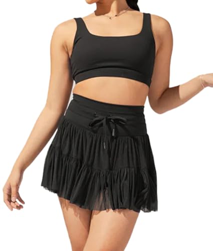 Damen Minirock Hohe Taille Hosenrock A-Linie Sommerröcke Rüschen Faltenröcke Kurz Skater Rock mit Kordelzug(Schwarz,XL) von Machbaby