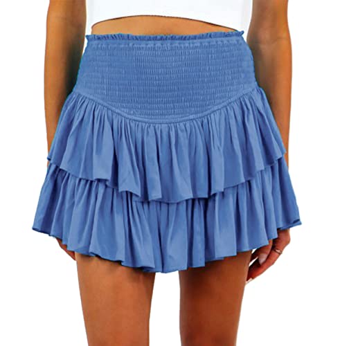 Damen Sommer Solide Vielseitige Minirock Elastische Hohe Taille Layered Rüschen Kurzer Rock(Blau,L) von Machbaby