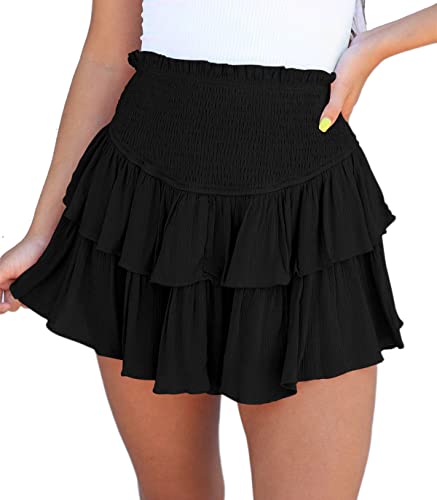 Damen Sommer Solide Vielseitige Minirock Elastische Hohe Taille Layered Rüschen Kurzer Rock(Schwarz,M) von Machbaby