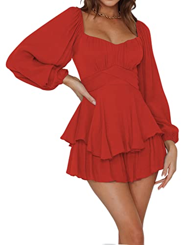 Damen Sommerkleider Langarm A-Linien-Kleid Off Shoulder Strandkleid Partykleid Elegant Minikleider Swing Kleid Cocktailkleider Jumpsuit Hosenrock Rüschenkleid(Rot,S) von Machbaby