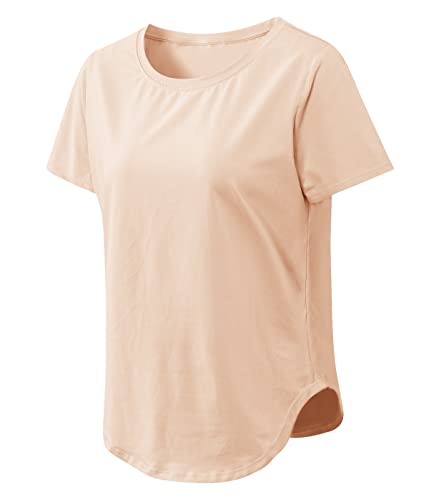 Damen Sport Fitness T-Shirt Rundhals Kurzarmshirt Stretch Laufshirt Sommer Oberteil Casual Yoga Bluse Tops(Aprikose,L) von Machbaby