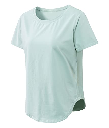 Damen Sport Fitness T-Shirt Rundhals Kurzarmshirt Stretch Laufshirt Sommer Oberteil Casual Yoga Bluse Tops(Hellblau,L) von Machbaby