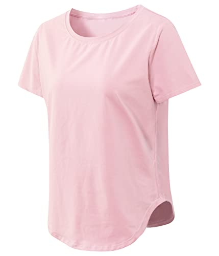 Damen Sport Fitness T-Shirt Rundhals Kurzarmshirt Stretch Laufshirt Sommer Oberteil Casual Yoga Bluse Tops(Rosa,L) von Machbaby