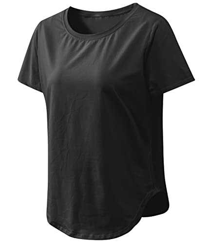 Damen Sport Fitness T-Shirt Rundhals Kurzarmshirt Stretch Laufshirt Sommer Oberteil Casual Yoga Bluse Tops(Schwarz,L) von Machbaby