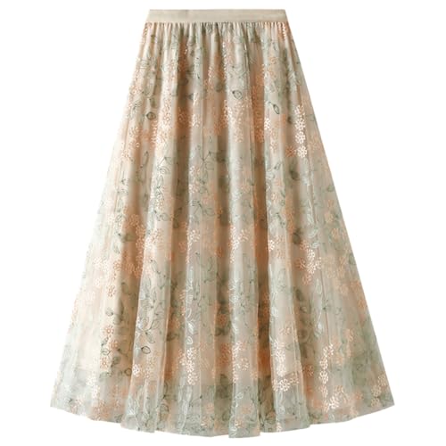 Damen Tüllrock Blumen Stickerei A-Linie Elastische Taille Midi Rock Sommer Swing Elegant Meshrock,Aprikose von Machbaby