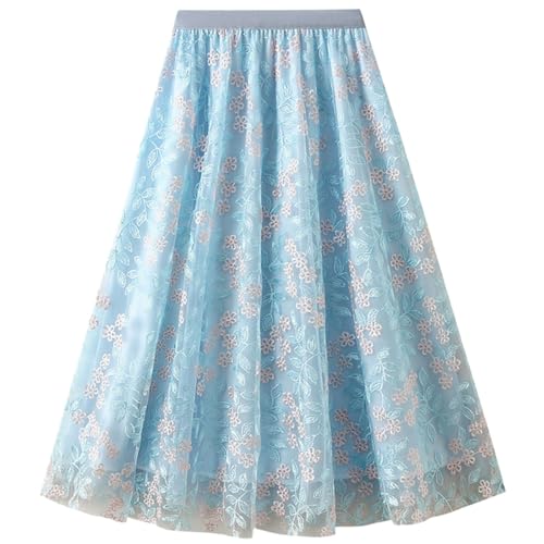Damen Tüllrock Blumen Stickerei A-Linie Elastische Taille Midi Rock Sommer Swing Elegant Meshrock,Blau von Machbaby