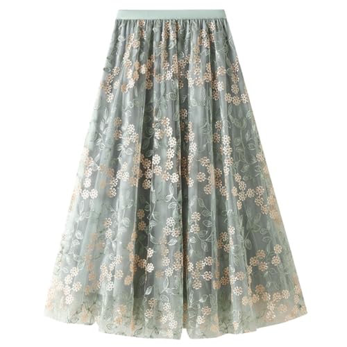 Damen Tüllrock Blumen Stickerei A-Linie Elastische Taille Midi Rock Sommer Swing Elegant Meshrock,Grün von Machbaby