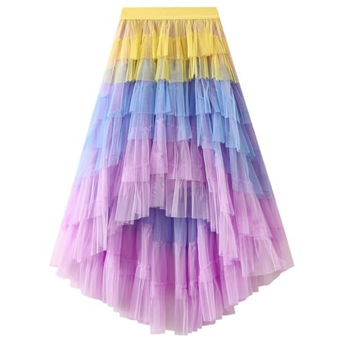 Damen Tüllrock Elastische Taille Asymmetrisch Röcke Layered Farbverlauf Mesh Midirock Faltenrock Sommerrock,Gelb & lila von Machbaby