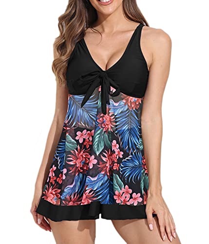 Damen Zweiteilig Tankini Set Push Up Gerüschte Badeanzug Plus Size Bauchweg Bademode Gepolstert Badekleid Beachwear mit Hotpants(Rote Blume auf schwarz,L) von Machbaby