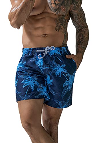 Herren Beachwear Schwimmshorts Strandshorts Leichte Beachshorts Sommer schnelltrocknende Badeshorts Boardshorts mit Verstellbarem Tunnelzug(Dunkelblaue Blume-B,L) von Machbaby