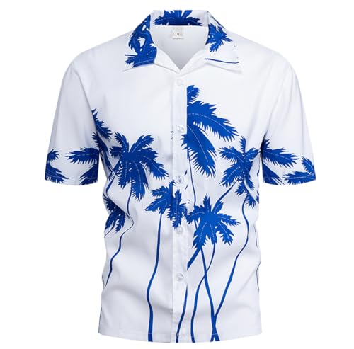 Herren Hawaiihemd Sommer Urlaub Freizeit Hemd Blumen Kurzarm Hawaii Strand Hemd Button Down Beach Shirts(Dunkelblau-Kokospalme,4XL) von Machbaby