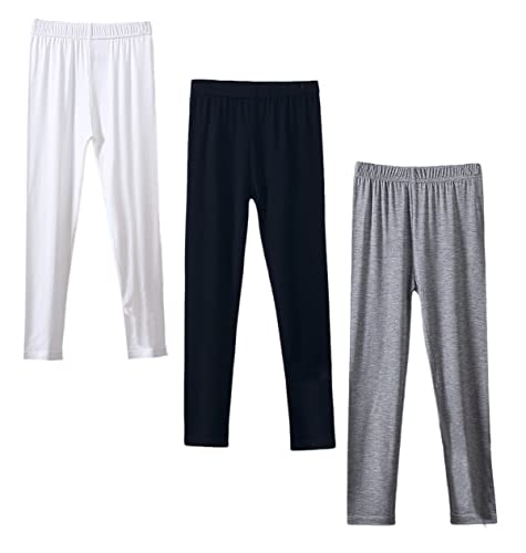 Kinder Mädchen Leggings Sommer Stretch Tanzhose Modal Lang Hosen 3er-Pack(Schwarz/weiß/dunkelgrau,150) von Machbaby