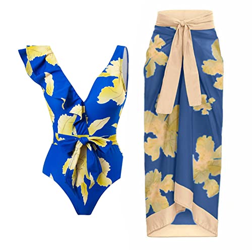 Machbaby Damen Badeanzug V Ausschnitt Bauchweg Push UP Strandmode Einteilige Bademode Bikini Set mit Chiffon Wickelrock(M,Blätter - dunkelblau) von Machbaby