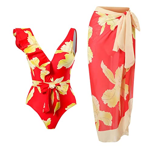 Machbaby Damen Badeanzug V Ausschnitt Bauchweg Push UP Strandmode Einteilige Bademode Bikini Set mit Chiffon Wickelrock(M,Blätter - rot) von Machbaby