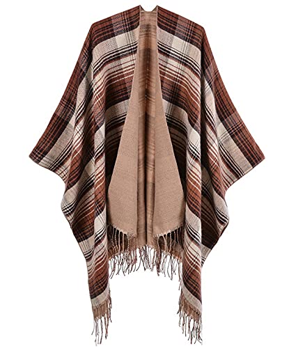 Machbaby Damen Herbst Winter Retro Poncho Gestrickt Beidseitig Tragbar Klassische Wrap Cape Cardigans Schal Quasten Stola,Khaki von Machbaby