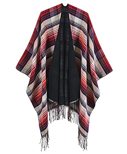 Machbaby Damen Herbst Winter Retro Poncho Gestrickt Beidseitig Tragbar Klassische Wrap Cape Cardigans Schal Quasten Stola,Rot von Machbaby