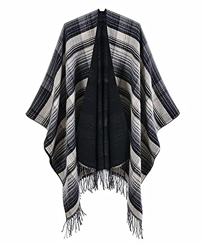 Machbaby Damen Herbst Winter Retro Poncho Gestrickt Beidseitig Tragbar Klassische Wrap Cape Cardigans Schal Quasten Stola,Schwarz von Machbaby