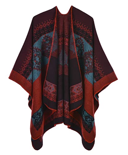 Machbaby Damen Herbst Winter Retro Poncho Schal Gestrickt Beidseitig Tragbar Klassische Wrap Cape Cardigans Schal Quasten Stola,Totem rot von Machbaby
