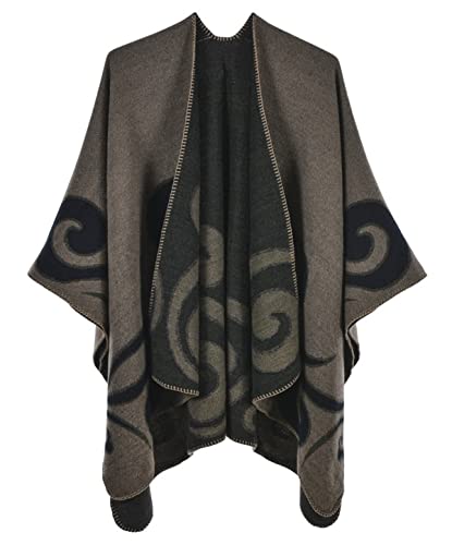 Machbaby Damen Herbst Winter Retro Poncho Schal Gestrickt Beidseitig Tragbar Klassische Wrap Cape Cardigans Schal Quasten Stola,Wolkenmuster khaki von Machbaby