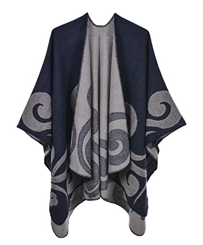 Machbaby Damen Herbst Winter Retro Poncho Schal Gestrickt Beidseitig Tragbar Klassische Wrap Cape Cardigans Schal Quasten Stola,Wolkenmuster marineblau von Machbaby