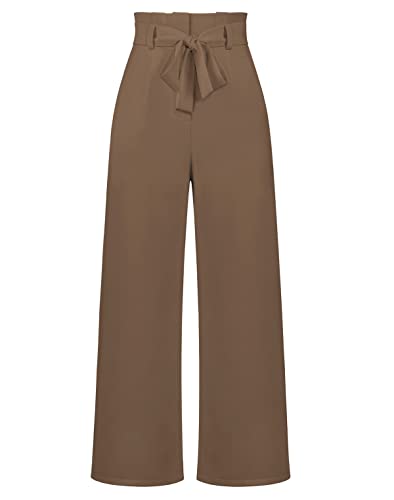 Machbaby Damen Hosen Breites Bein Hohe Taille Anzughose mit Unsichtbarer Schnalle und Reißverschluss Büro Pants Einfarbig Formal Freizeithose mit Bund Taschen(Braun,M) von Machbaby